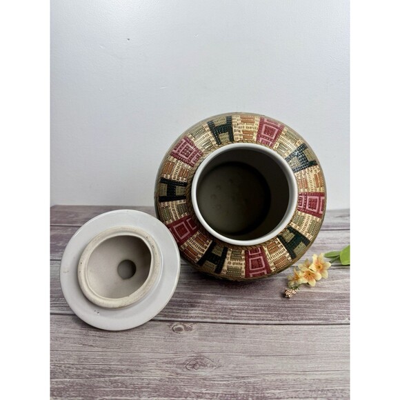 Vintage Oriental Accent 9.5" Jar Vase Urn Lidded Green Gold Red elegant - Picture 5 of 12